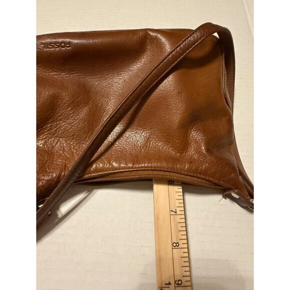 Fossil Tan Genuine Leather Shoulder Hobo Handbag Purse 6X8 Exterior Wear - Picture 9 of 16